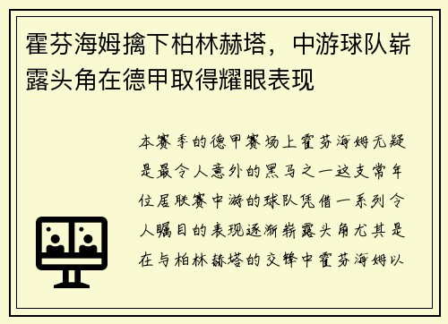 霍芬海姆擒下柏林赫塔，中游球队崭露头角在德甲取得耀眼表现